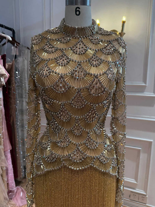 Modest Gold Beaded High Neck Long Sleeve Evening Dress with Tassel Fringe Skirt LA73834