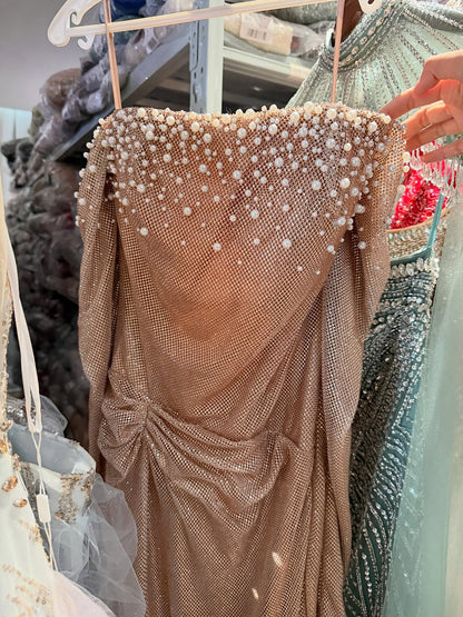 Luxury Rose Gold Off Shoulder Pearl Long Sleeve Mermaid Dress LA73837