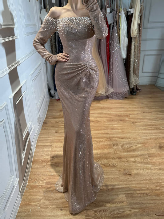 Luxury Rose Gold Off Shoulder Pearl Long Sleeve Mermaid Dress LA73837