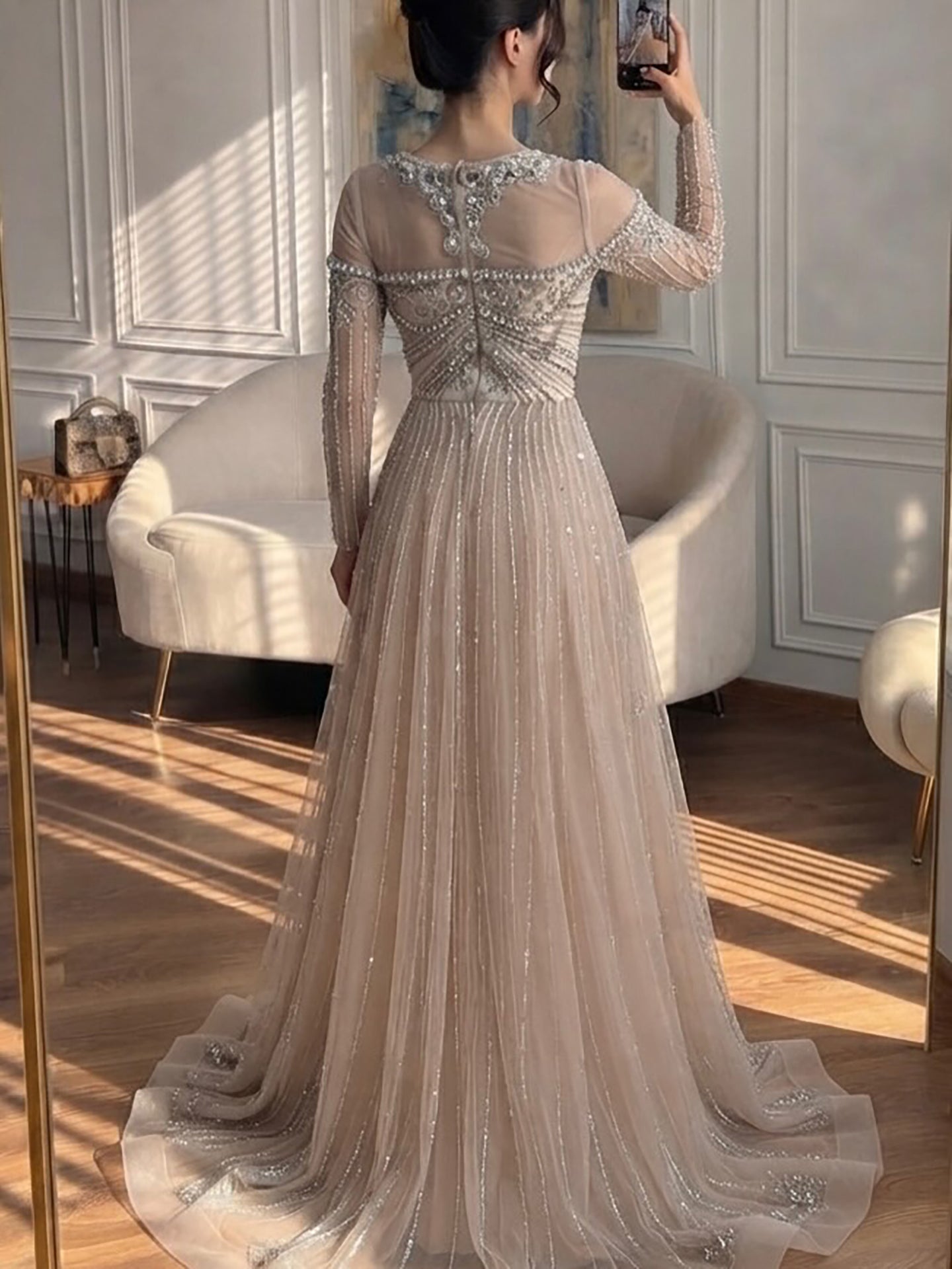 Luxury Nune Illusion Long Sleeve Beaded Baroque A Line Dress LA73840