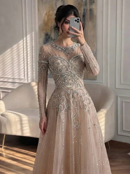 Luxury Nune Illusion Long Sleeve Beaded Baroque A Line Dress LA73840