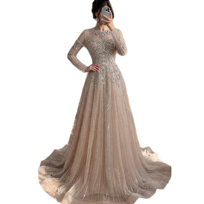 Luxury Nune Illusion Long Sleeve Beaded Baroque A Line Dress LA73840