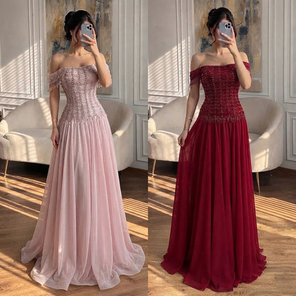 Luxury Pink Off The Shoulder Beaded Tassel Lace Up A Line Dress LA73842