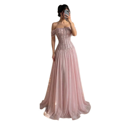 Luxury Pink Off The Shoulder Beaded Tassel Lace Up A Line Dress LA73842