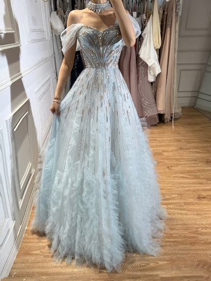 Luxury Light Blue Off The Shoulder Beaded Tiered Ruffle Dress LA73843