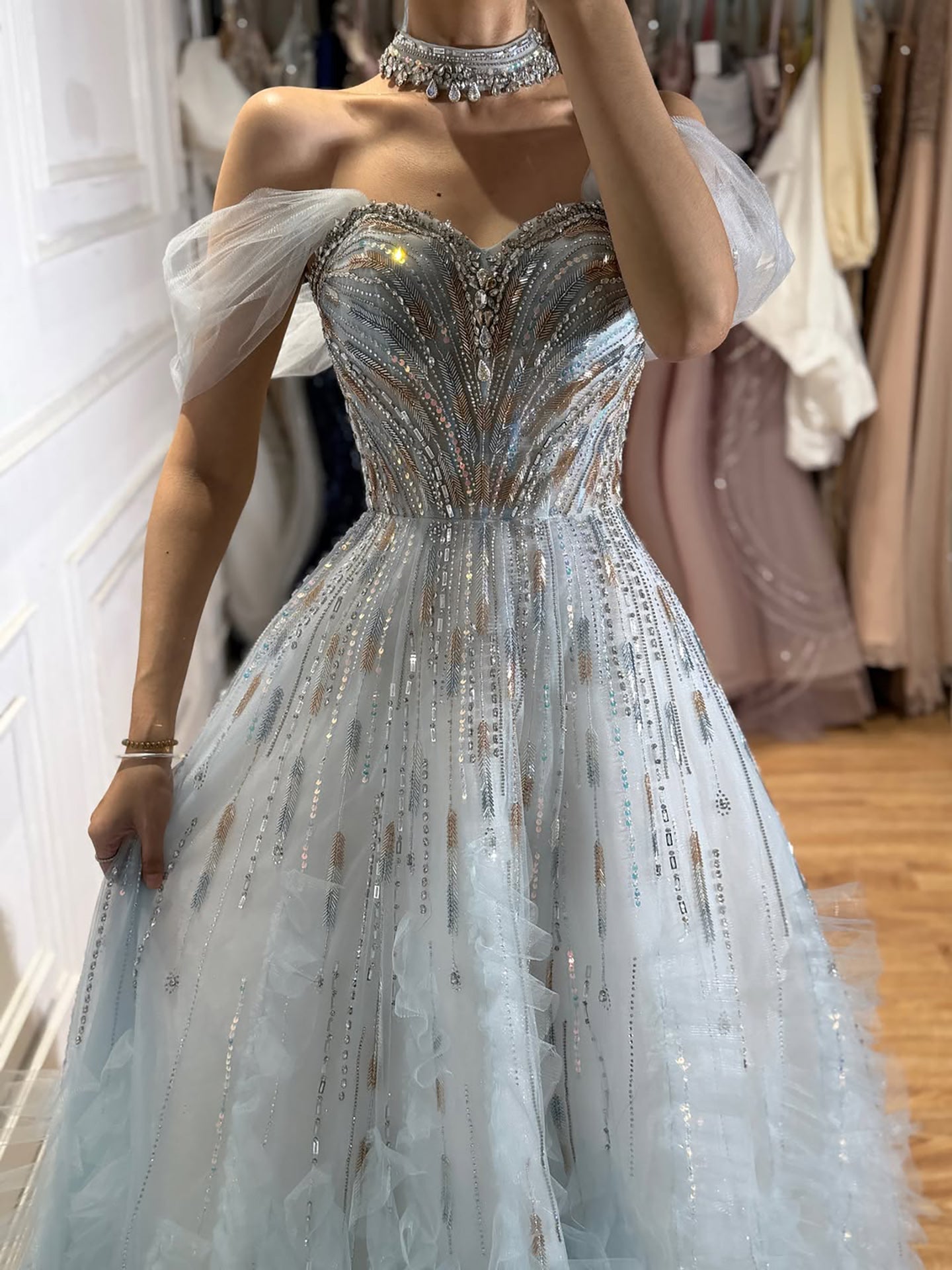 Luxury Light Blue Off The Shoulder Beaded Tiered Ruffle Dress LA73843