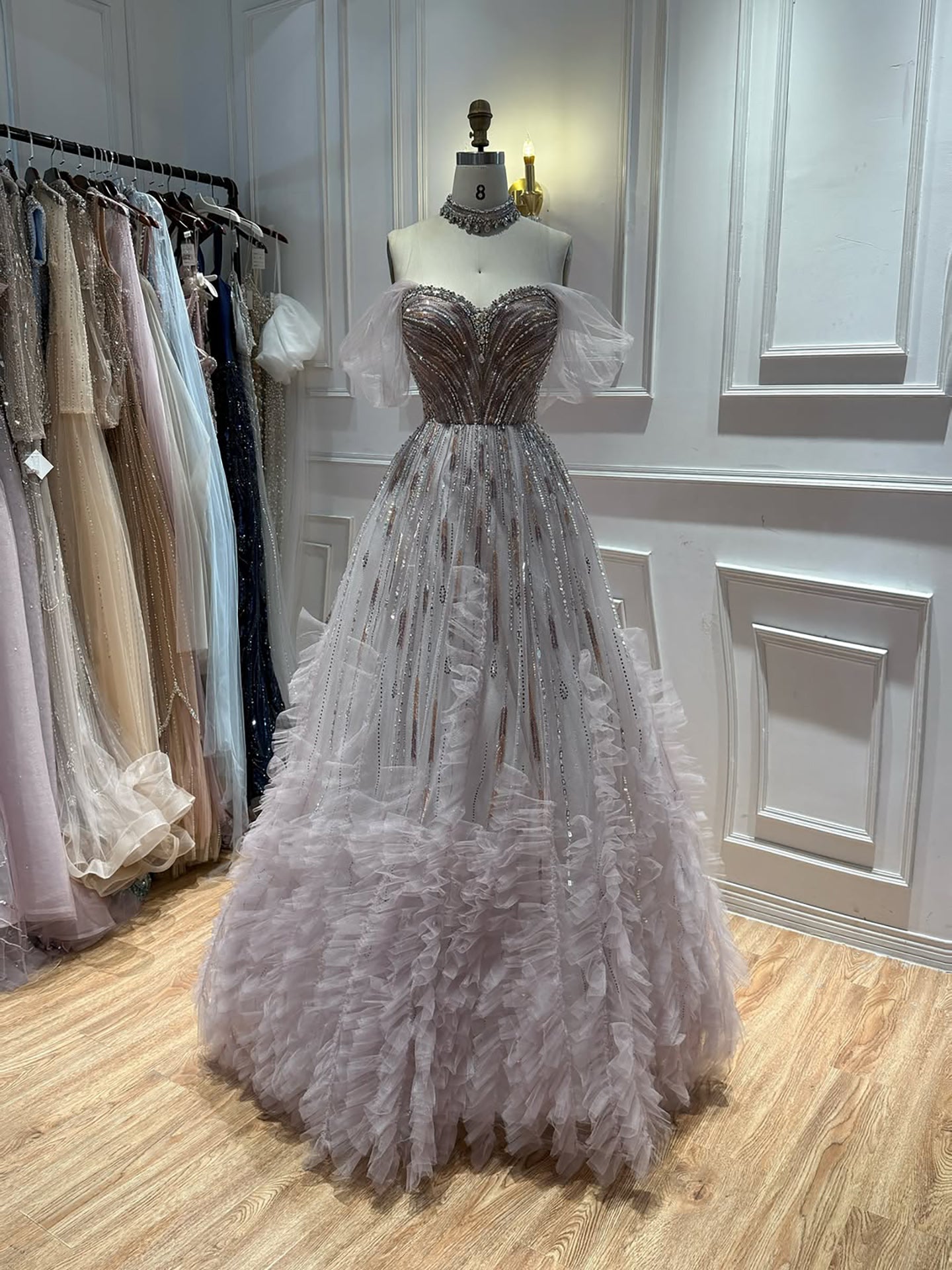 Luxury Light Blue Off The Shoulder Beaded Tiered Ruffle Dress LA73843