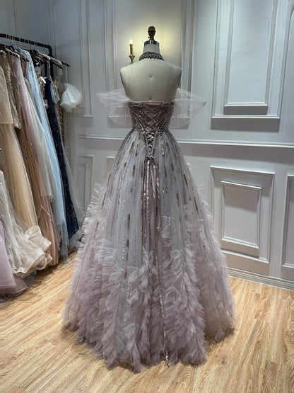 Luxury Light Blue Off The Shoulder Beaded Tiered Ruffle Dress LA73843