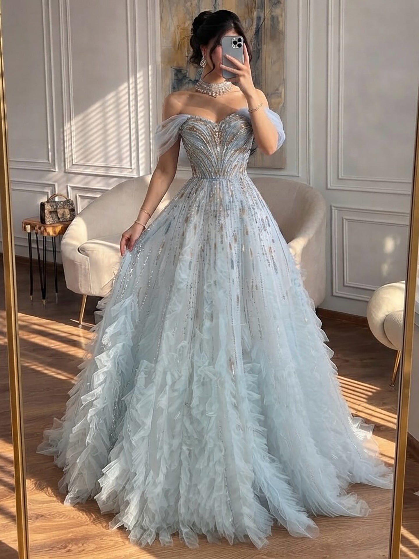 Luxury Light Blue Off The Shoulder Beaded Tiered Ruffle Dress LA73843