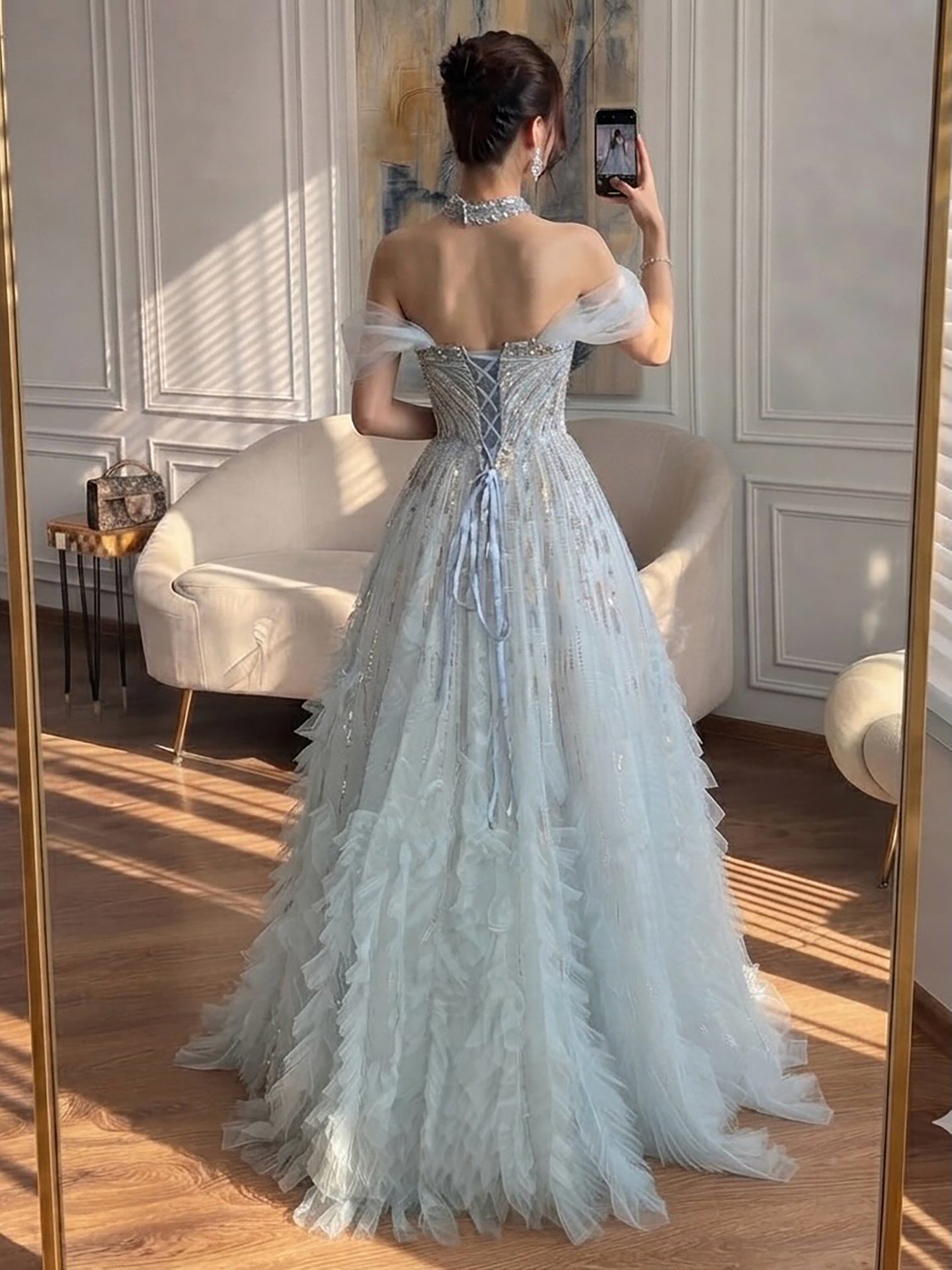 Luxury Light Blue Off The Shoulder Beaded Tiered Ruffle Dress LA73843