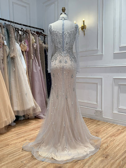 Luxury Gray Nude Pearls Beaded Mermaid Evening Dress Overskirt LA73884