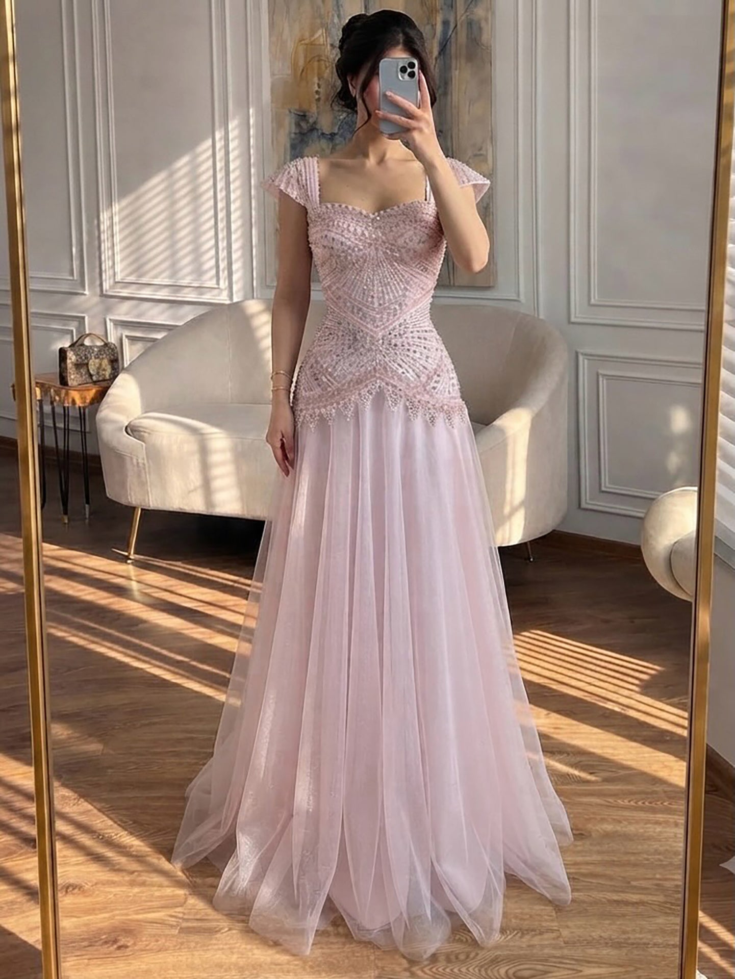 Luxury Pink Beaded Cap Sleeve Lace Up A-Line Dress LA73844