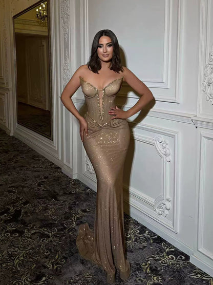 Luxury Gold Plunging Sweetheart Ruched Fitted Mermaid Dress LA73846