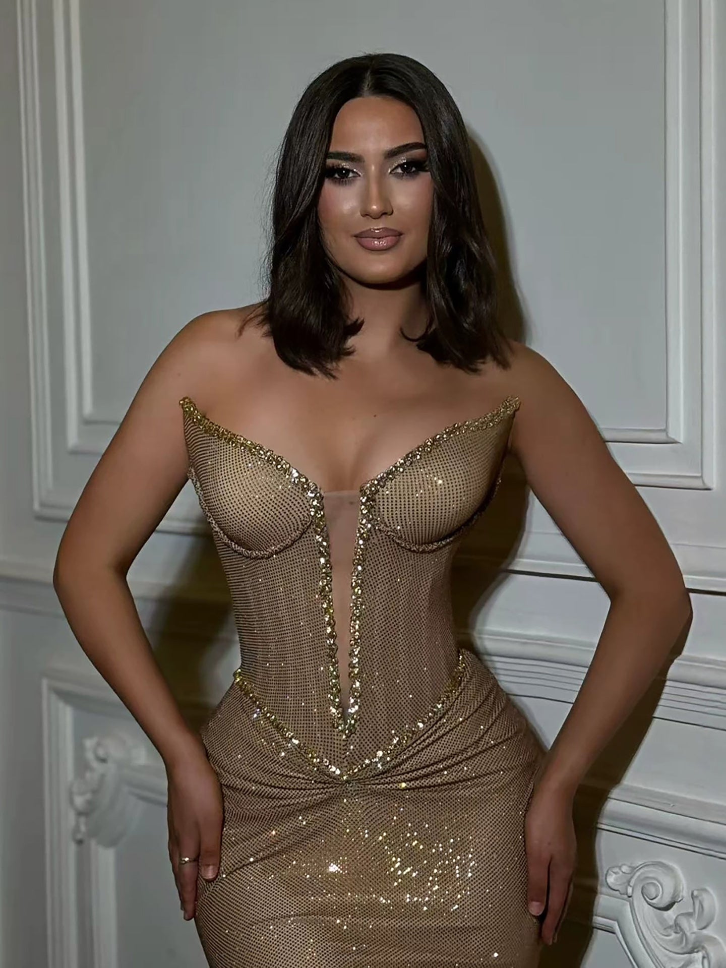Luxury Gold Plunging Sweetheart Ruched Fitted Mermaid Dress LA73846