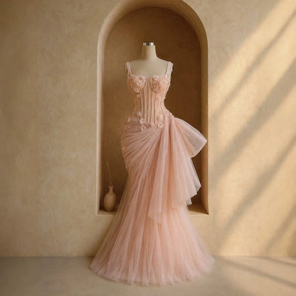 Luxury Pink Square Neck 3D Floral Asymmetric Draped Mermaid Dress LA73847