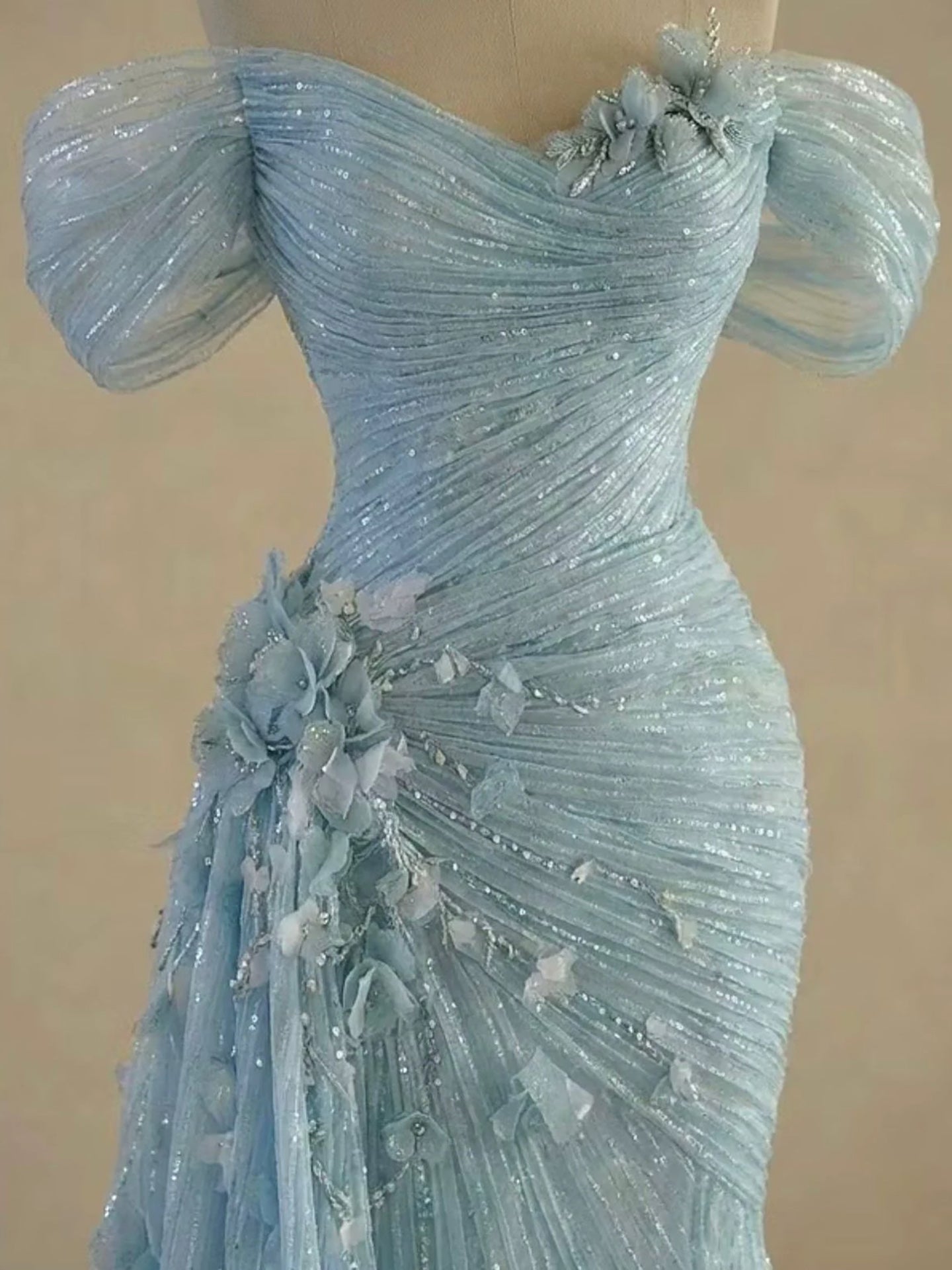Luxury Light Blue Off The Shoulder 3D Floral Ruched Mermaid Dress LA73850