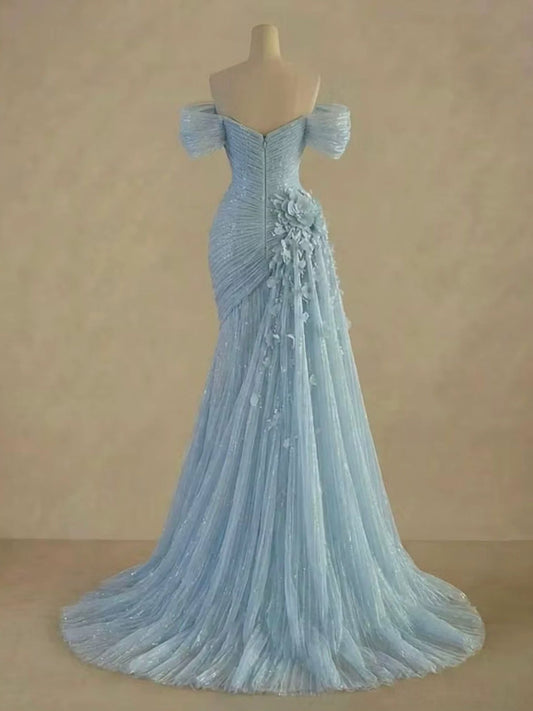 Luxury Light Blue Off The Shoulder 3D Floral Ruched Mermaid Dress LA73850