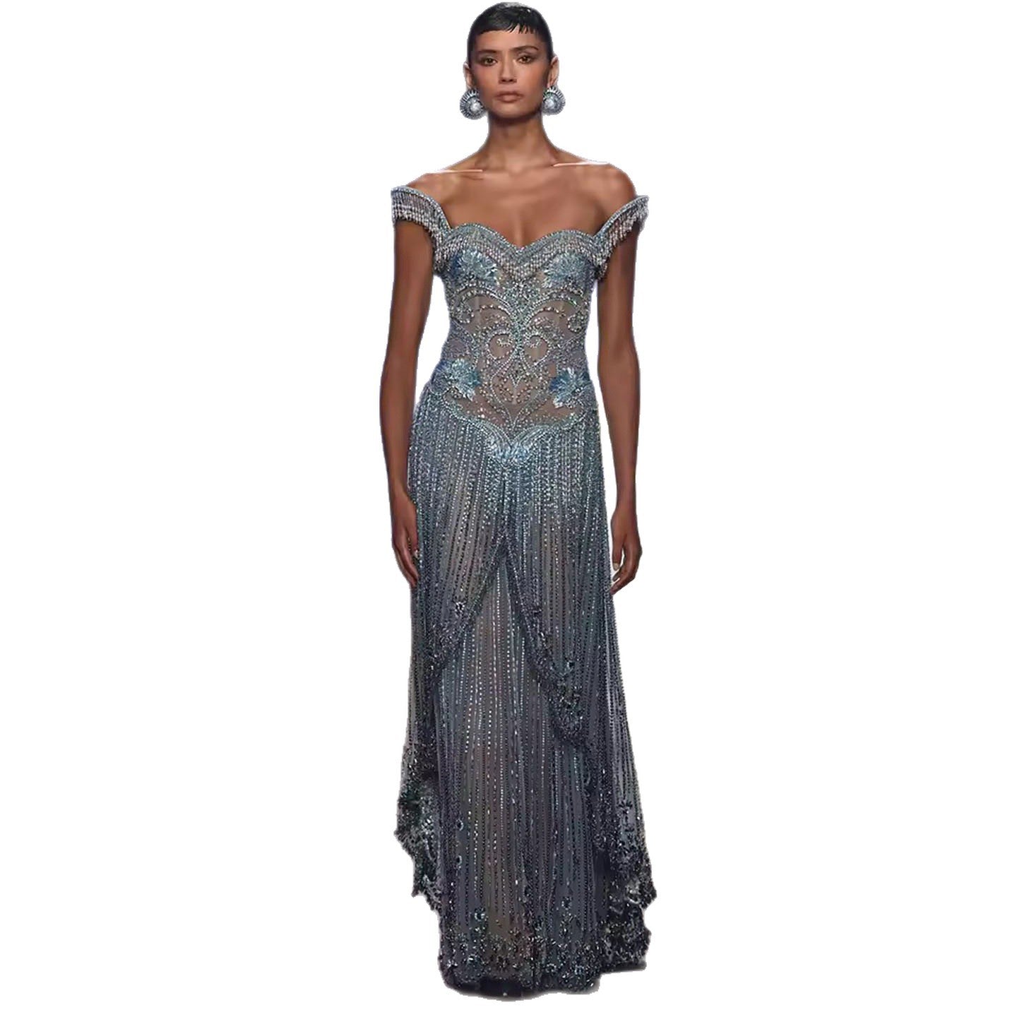 Luxury Blue Off Shoulder Tassel Beaded Arabic Evening Dress LA73851