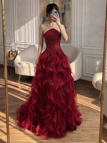 Luxury Wine Red Strapless Basque Shimmering Cascading Ruffle Dress LA73852