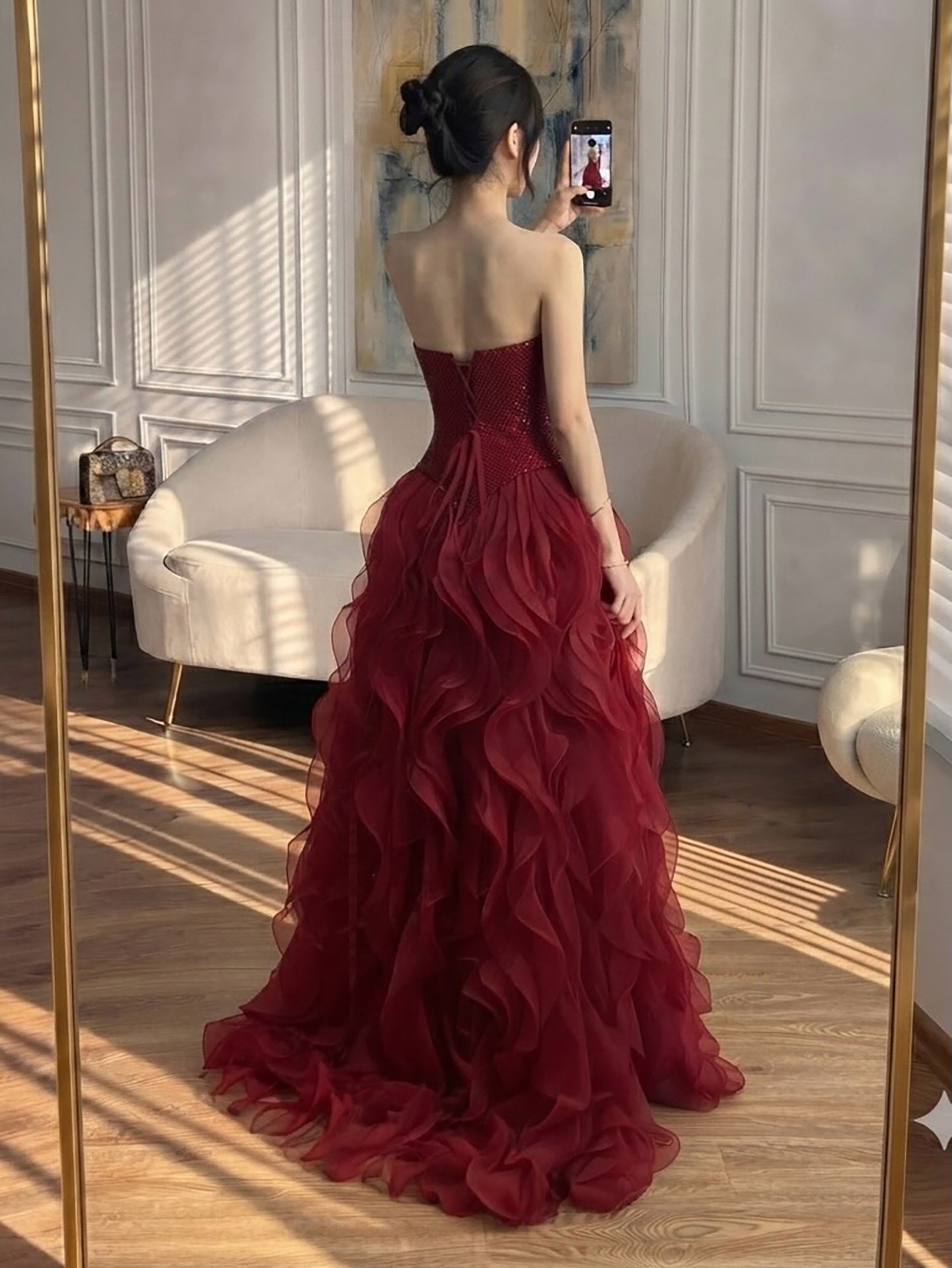 Luxury Wine Red Strapless Basque Shimmering Cascading Ruffle Dress LA73852