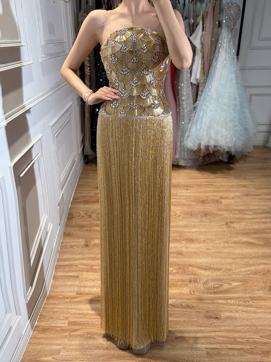 Luxury Gold Beaded Fringe Strapless Art Deco Dress LA73853