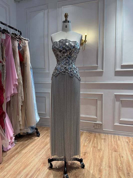 Silver Mirror Beaded Straight Evening Dress with Tassel Skirt LA73853A