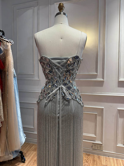 Luxury Silver Mirror Beaded Tassel Straight Evening Dress LA73853A