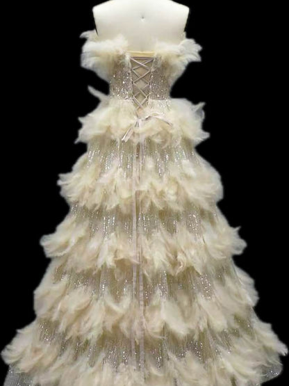 Luxury Beige Strapless Tiered Feather Sequin A Line Dress LA73854