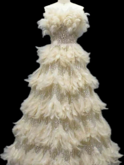 Luxury Beige Strapless Tiered Feather Sequin A Line Dress LA73854