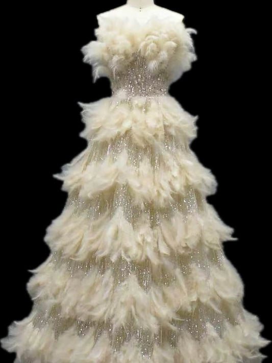 Luxury Beige Strapless Tiered Feather Sequin A Line Dress LA73854