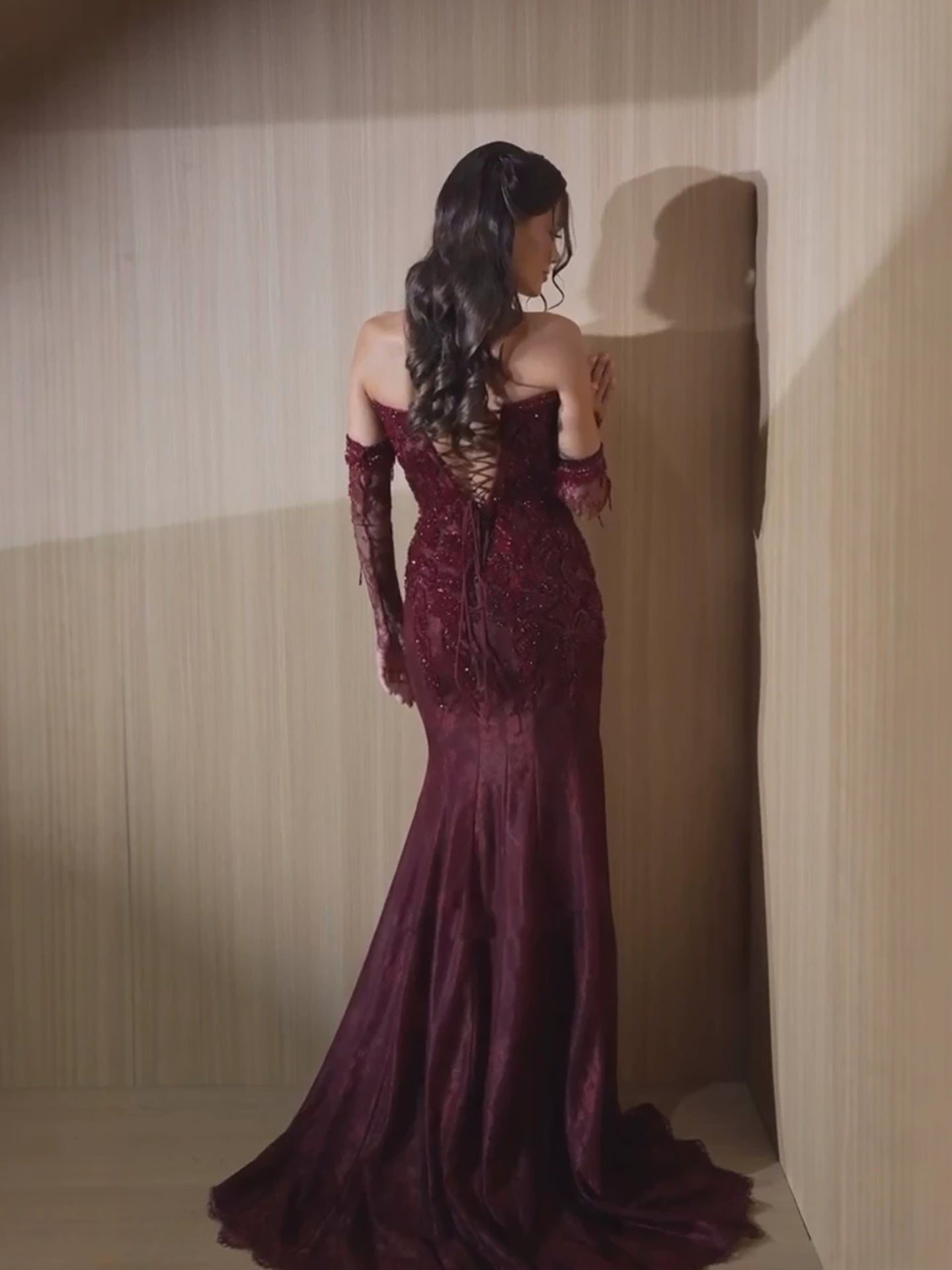 Wine Red Strapless Lace Beaded Detachable Long Sleeve Dress LA73855