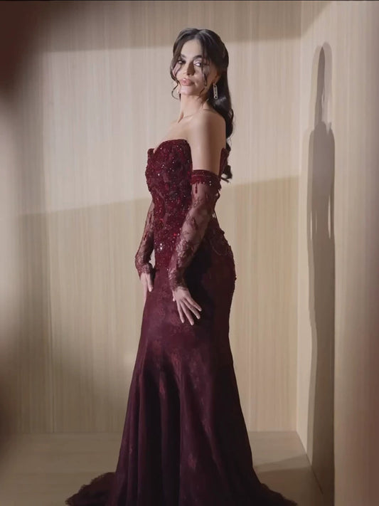 Wine Red Strapless Lace Beaded Detachable Long Sleeve Dress LA73855