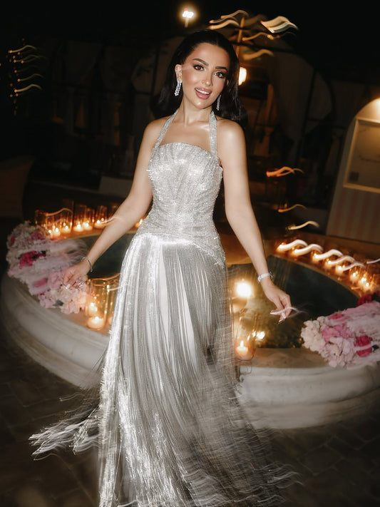 Luxury Silver Halter Beaded Shimmering Fringe Gown LA73856