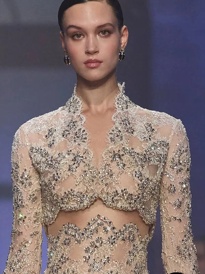 Luxury Nude High Neck Cut Out Beaded Lace A-Line Dress LA73857