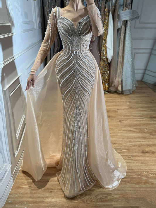 Luxury Nude Long Sleeve Pearl Beaded Mermaid Evening Dress LA73858