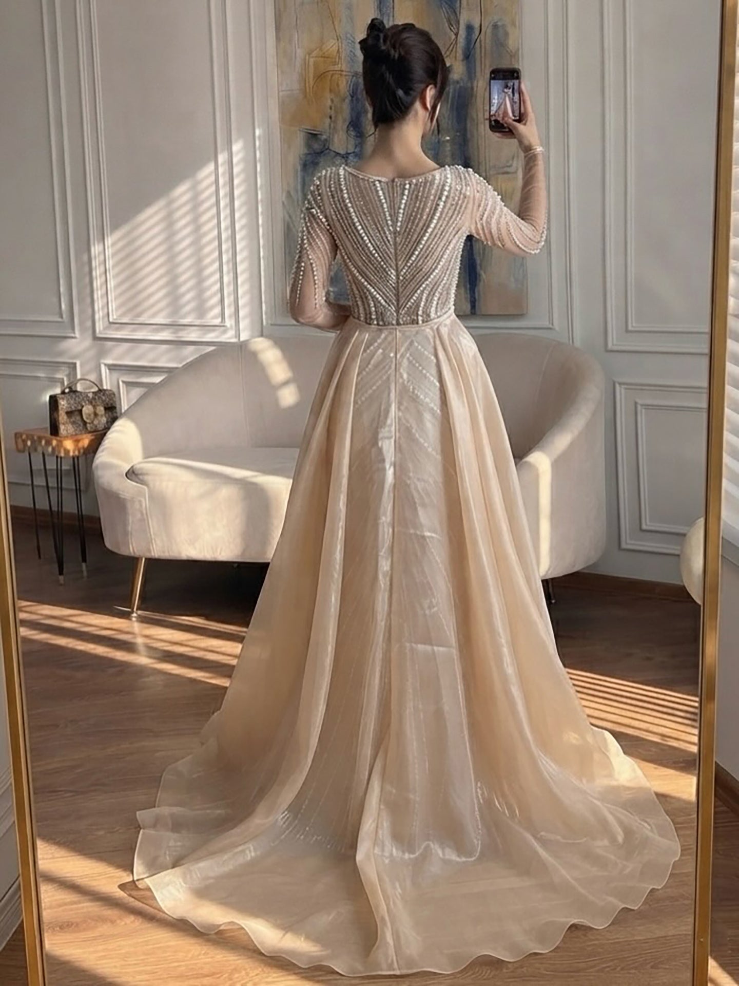 Luxury Nude Long Sleeve Pearl Beaded Mermaid Evening Dress LA73858