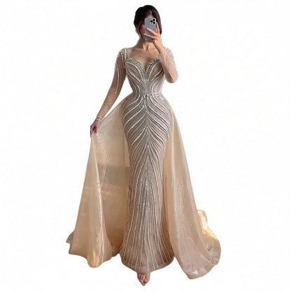 Luxury Nude Long Sleeve Pearl Beaded Mermaid Evening Dress LA73858