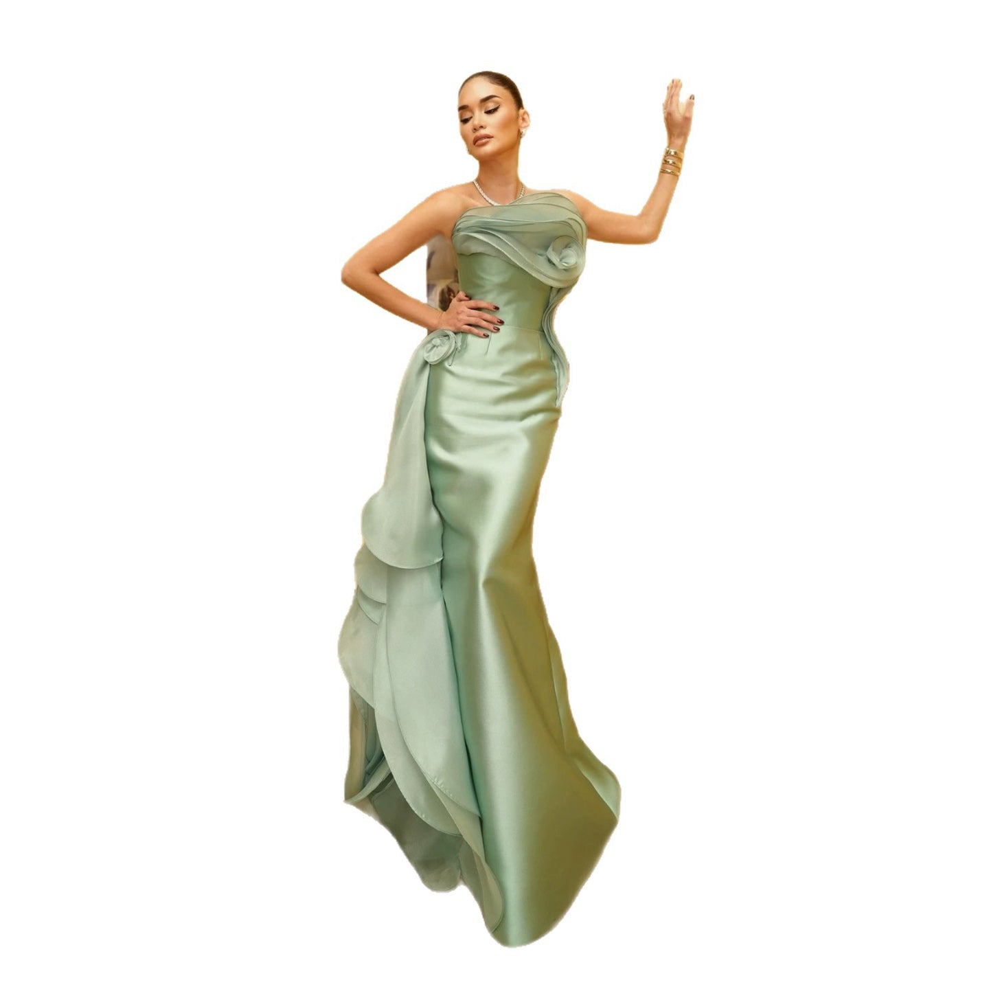 Luxury Sage Green Satin Strapless 3D Flower Mermaid Dress LA73859
