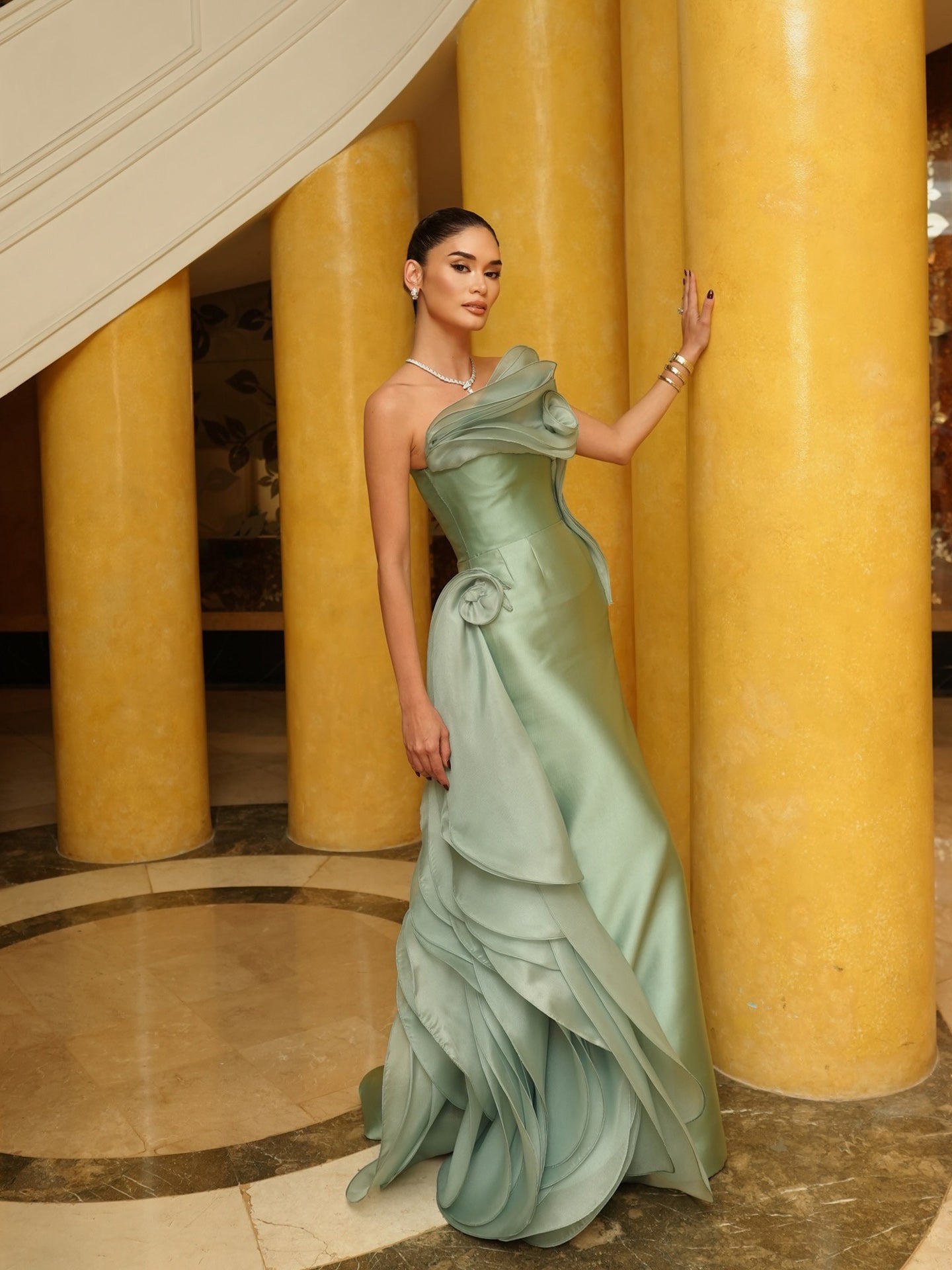 Luxury Sage Green Satin Strapless 3D Flower Mermaid Dress LA73859