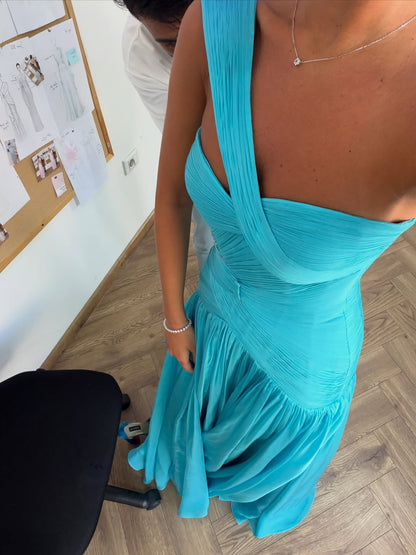 Luxury Aqua Blue One Shoulder Beaded Ruched Chiffon Dress LA73860