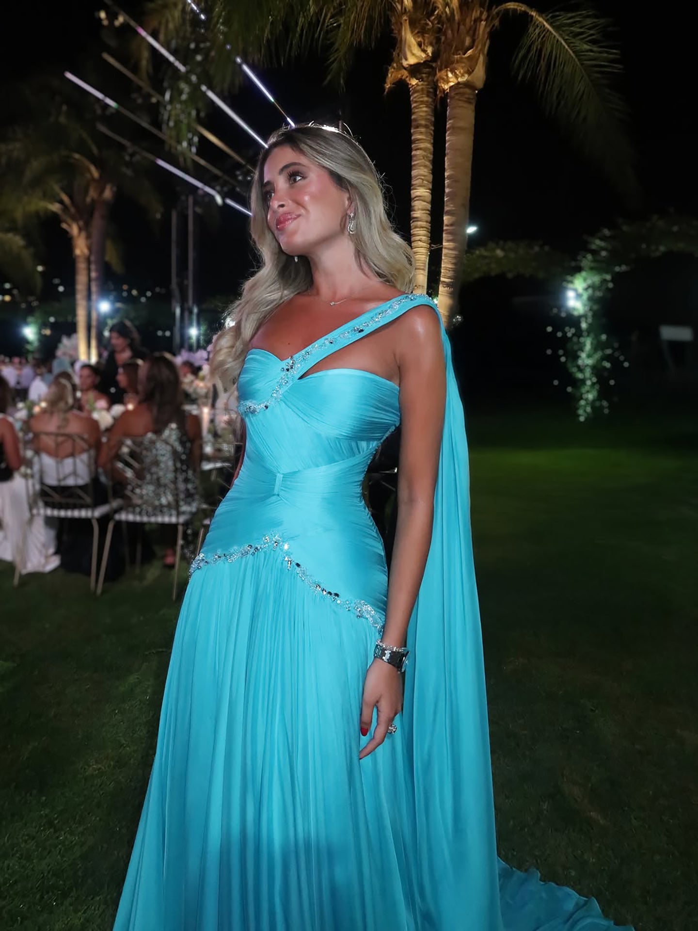 Luxury Aqua Blue One Shoulder Beaded Ruched Chiffon Dress LA73860