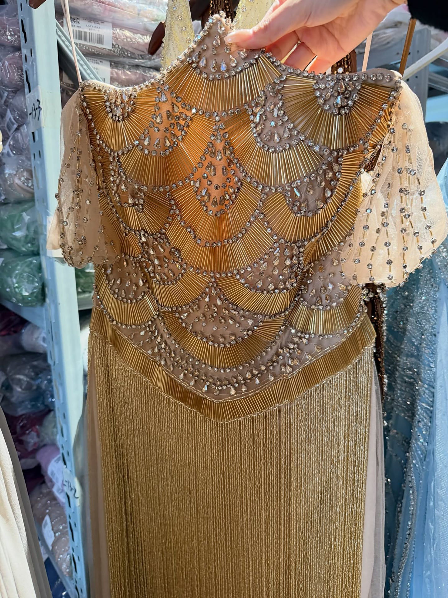 Luxury Gold Off the Shoulder Crystal Beaded Fringe Evening Dress LA73861