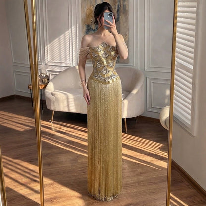 Luxury Gold Off the Shoulder Crystal Beaded Fringe Evening Dress LA73861