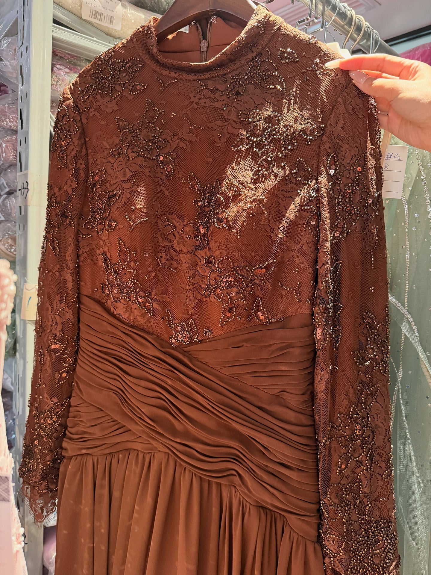 Luxury Coffee Muslim Long Sleeve Beaded Lace A Line Dress LA73862