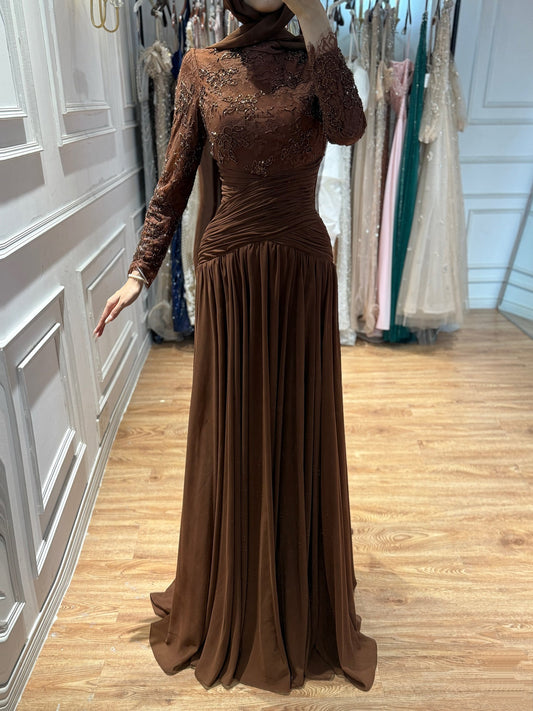Luxury Coffee Muslim Long Sleeve Beaded Lace A Line Dress LA73862