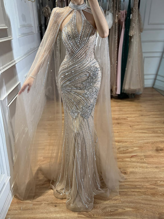 Luxury Nude Crystal Beaded Cape Sleeves Mermaid Evening Dress LA73863