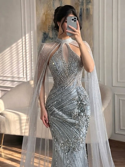 Luxury Nude Crystal Beaded Cape Sleeves Mermaid Evening Dress LA73863