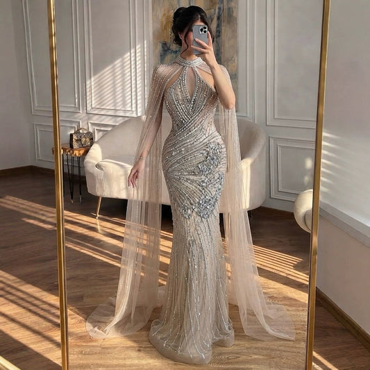 Luxury Nude Crystal Beaded Cape Sleeves Mermaid Evening Dress LA73863