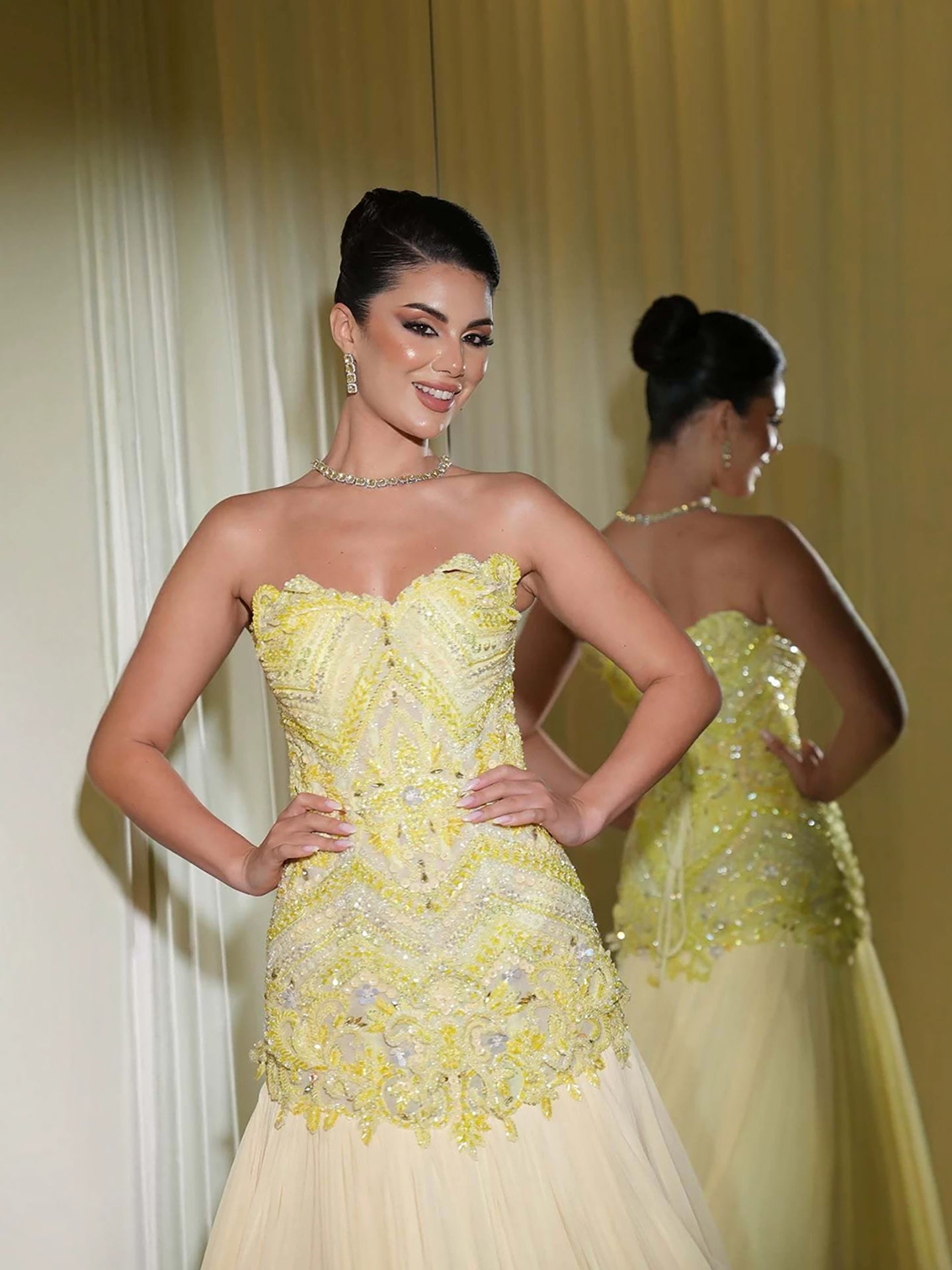 Luxury Yellow Strapless Beaded Longline Corset A-Line Dress LA73867
