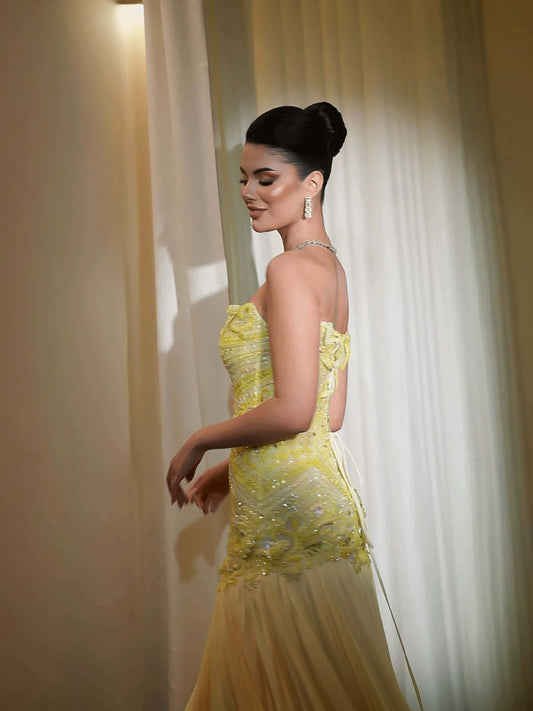 Luxury Yellow Strapless Beaded Longline Corset A-Line Dress LA73867